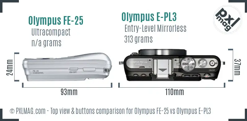 Olympus FE-25 vs Olympus E-PL3 top view buttons comparison