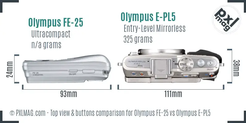 Olympus FE-25 vs Olympus E-PL5 top view buttons comparison