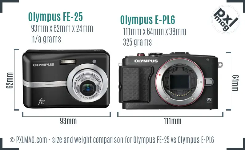 Olympus FE-25 vs Olympus E-PL6 size comparison