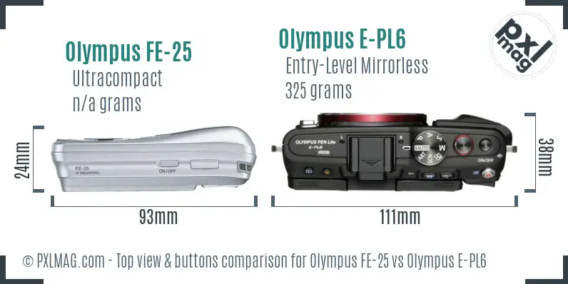 Olympus FE-25 vs Olympus E-PL6 top view buttons comparison