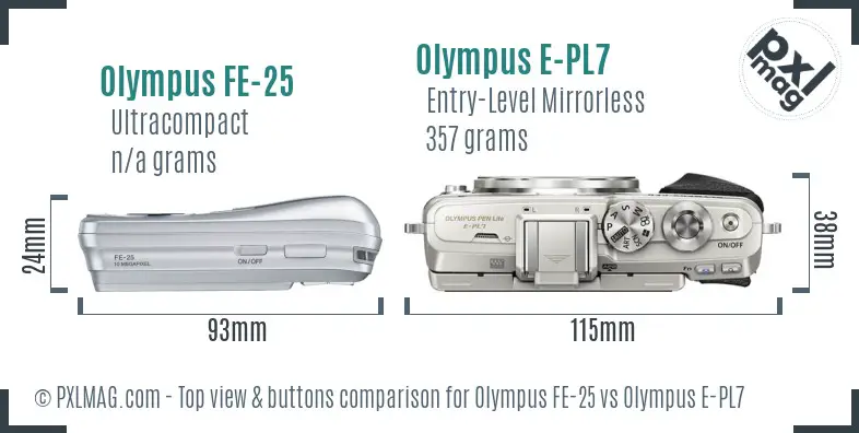 Olympus FE-25 vs Olympus E-PL7 top view buttons comparison