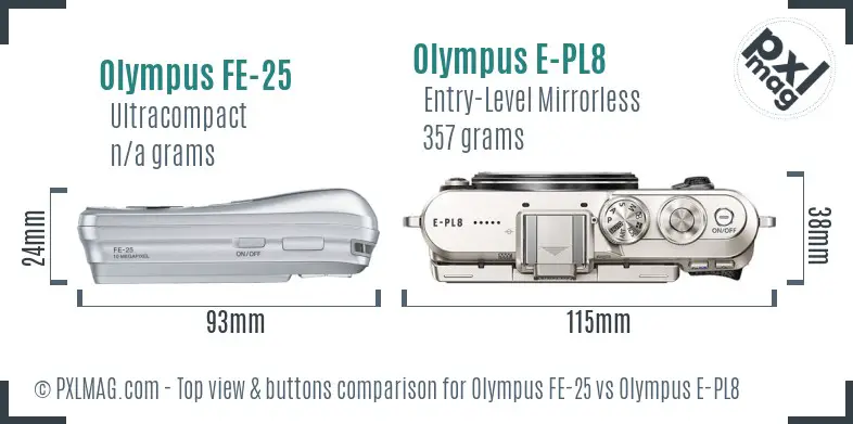 Olympus FE-25 vs Olympus E-PL8 top view buttons comparison