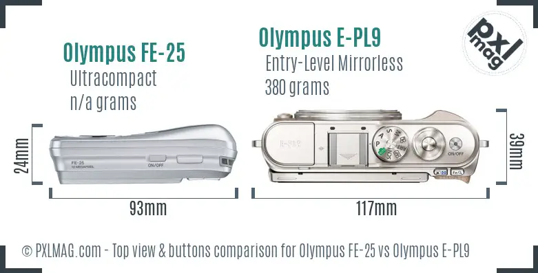 Olympus FE-25 vs Olympus E-PL9 top view buttons comparison