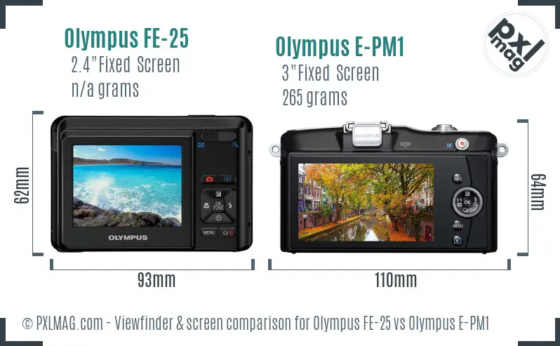 Olympus FE-25 vs Olympus E-PM1 Screen and Viewfinder comparison