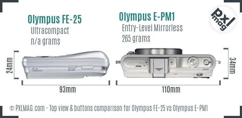 Olympus FE-25 vs Olympus E-PM1 top view buttons comparison