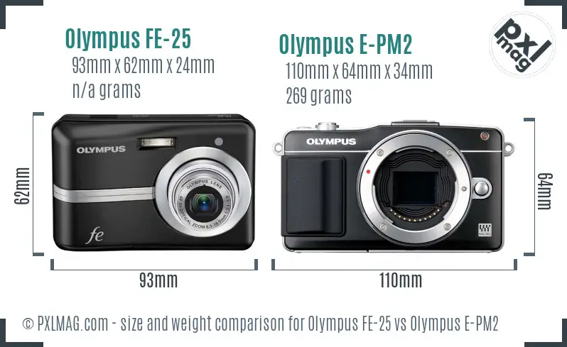 Olympus FE-25 vs Olympus E-PM2 size comparison