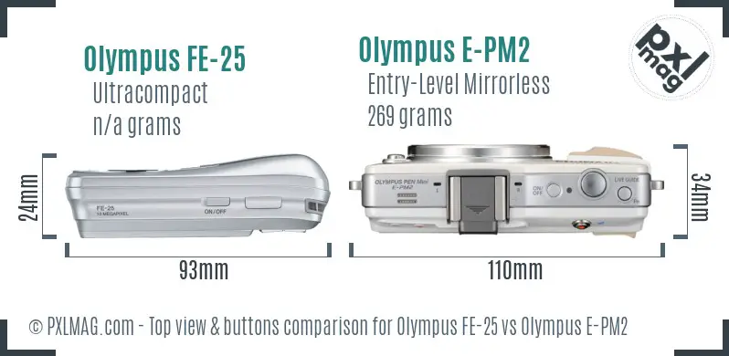 Olympus FE-25 vs Olympus E-PM2 top view buttons comparison