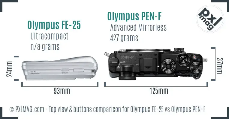 Olympus FE-25 vs Olympus PEN-F top view buttons comparison