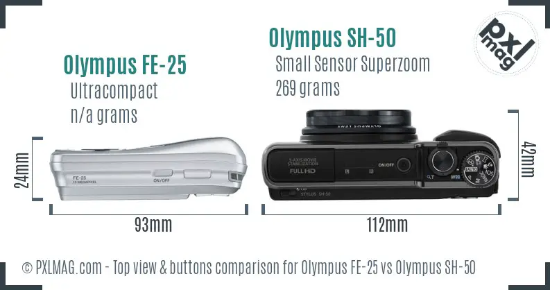 Olympus FE-25 vs Olympus SH-50 top view buttons comparison
