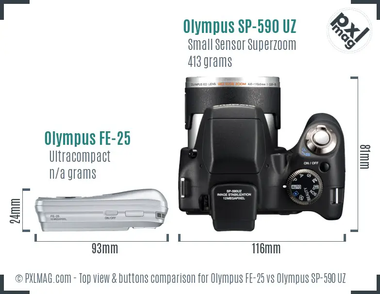 Olympus FE-25 vs Olympus SP-590 UZ top view buttons comparison