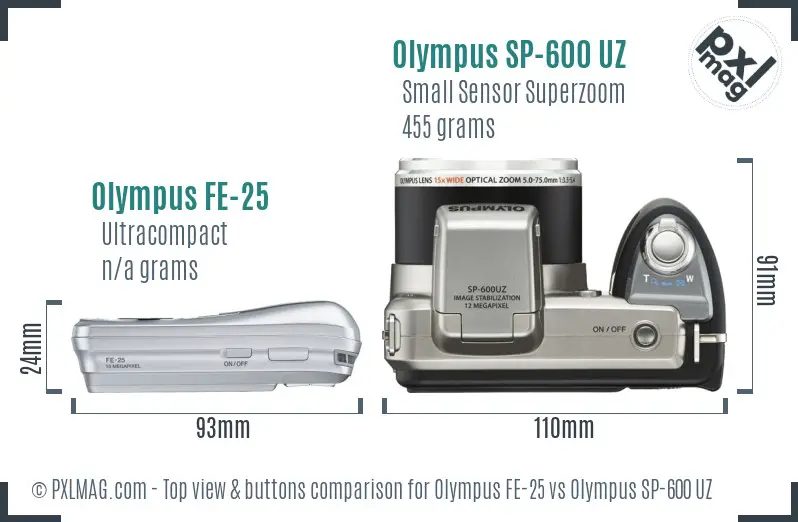 Olympus FE-25 vs Olympus SP-600 UZ top view buttons comparison