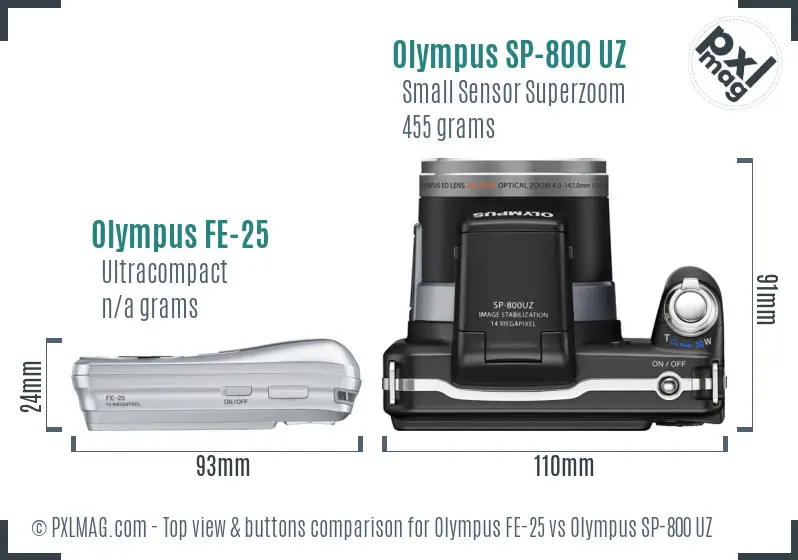 Olympus FE-25 vs Olympus SP-800 UZ top view buttons comparison