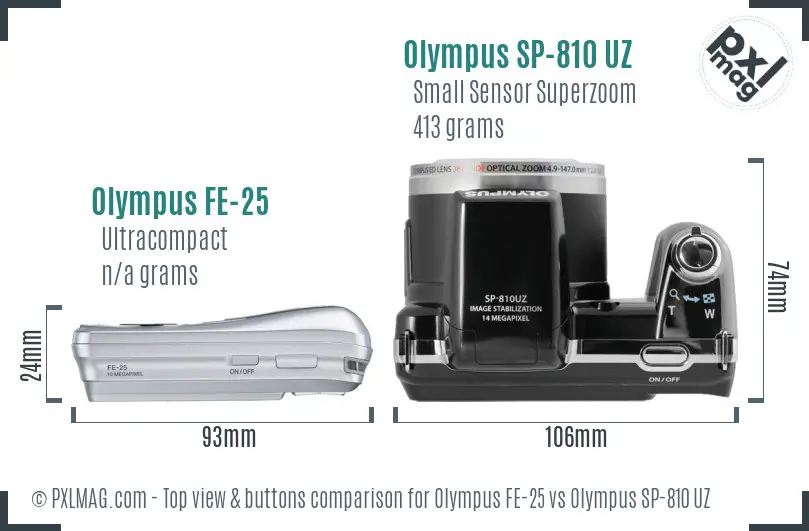 Olympus FE-25 vs Olympus SP-810 UZ top view buttons comparison