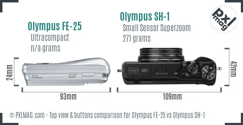Olympus FE-25 vs Olympus SH-1 top view buttons comparison