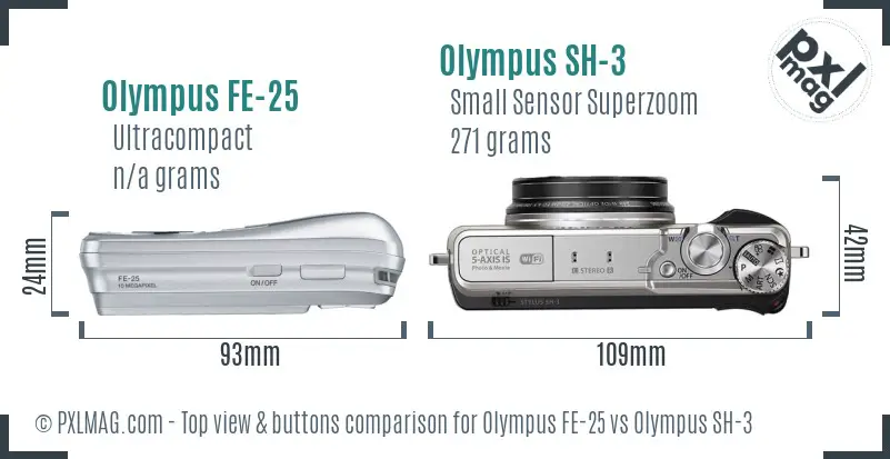 Olympus FE-25 vs Olympus SH-3 top view buttons comparison