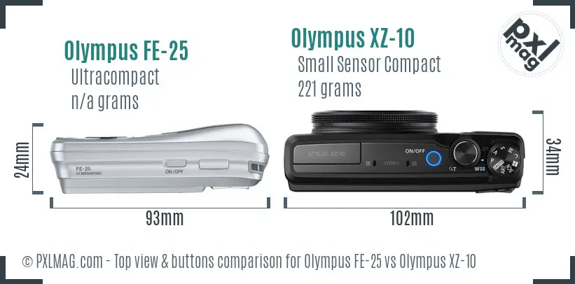 Olympus FE-25 vs Olympus XZ-10 top view buttons comparison