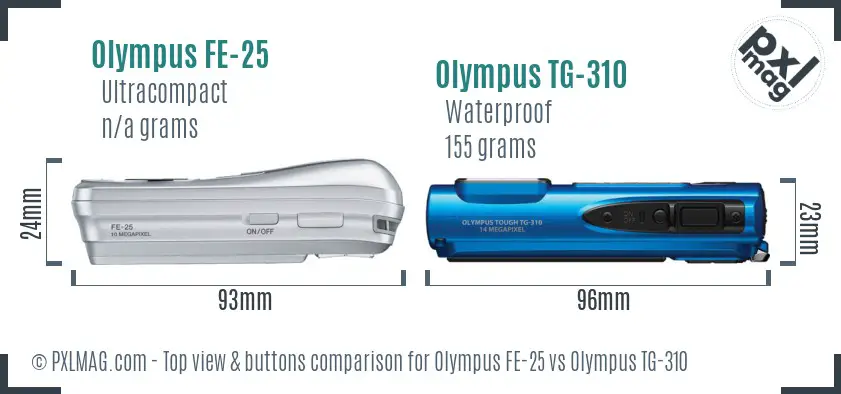 Olympus FE-25 vs Olympus TG-310 top view buttons comparison