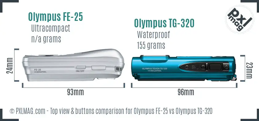 Olympus FE-25 vs Olympus TG-320 top view buttons comparison