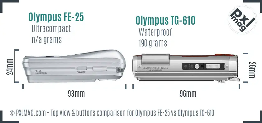 Olympus FE-25 vs Olympus TG-610 top view buttons comparison