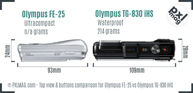 Olympus FE-25 vs Olympus TG-830 iHS top view buttons comparison
