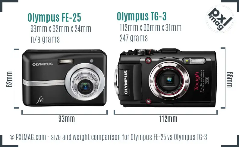 Olympus FE-25 vs Olympus TG-3 size comparison