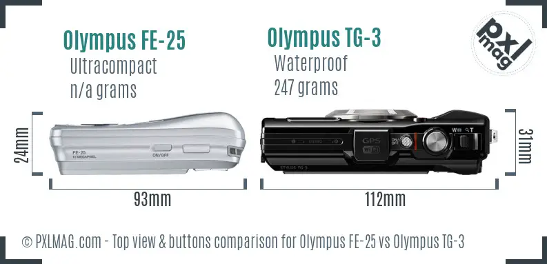 Olympus FE-25 vs Olympus TG-3 top view buttons comparison
