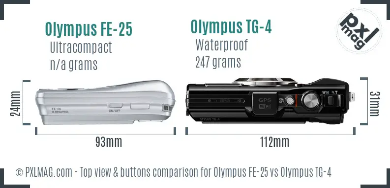 Olympus FE-25 vs Olympus TG-4 top view buttons comparison