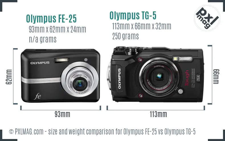 Olympus FE-25 vs Olympus TG-5 size comparison