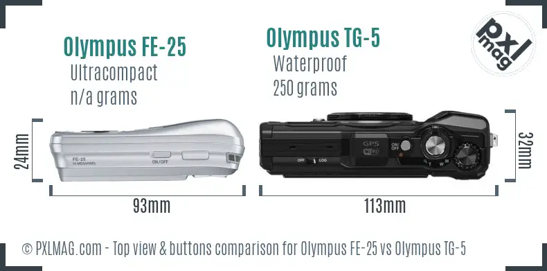 Olympus FE-25 vs Olympus TG-5 top view buttons comparison