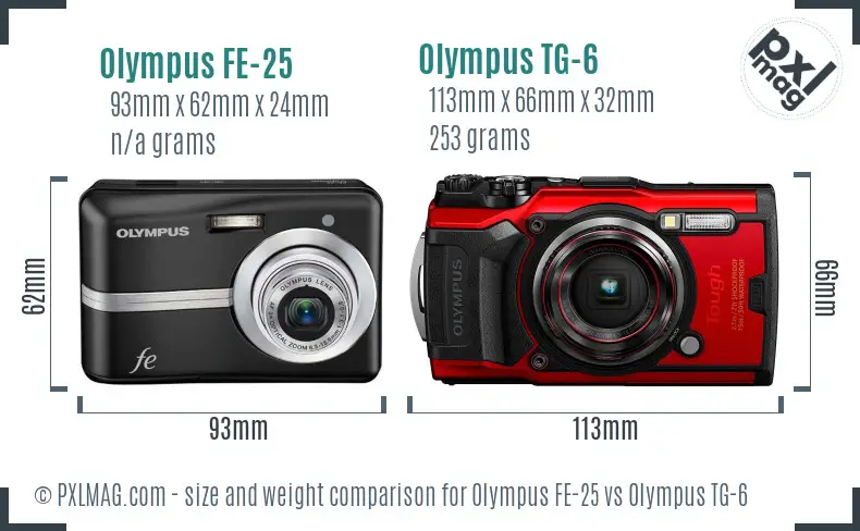 Olympus FE-25 vs Olympus TG-6 size comparison