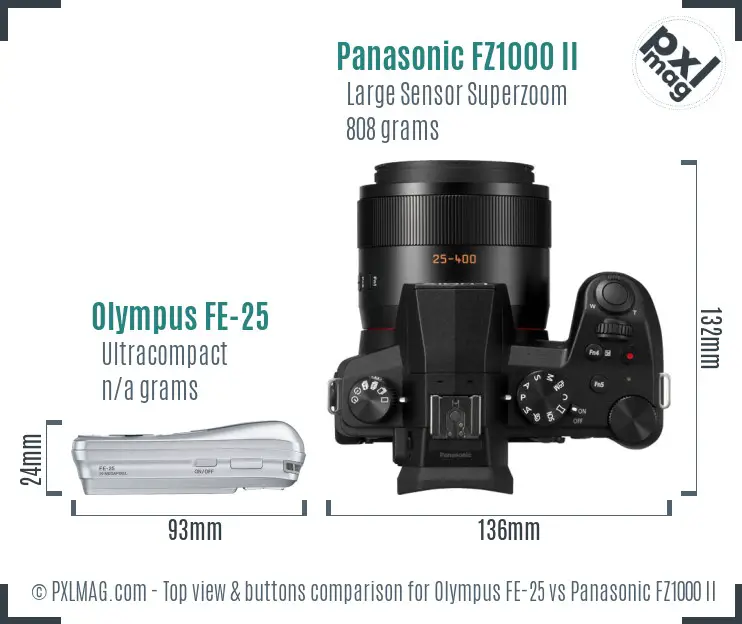 Olympus FE-25 vs Panasonic FZ1000 II top view buttons comparison