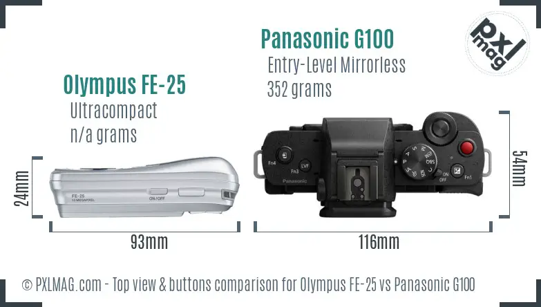Olympus FE-25 vs Panasonic G100 top view buttons comparison
