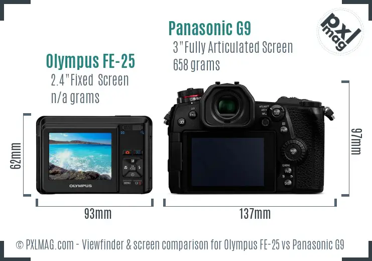 Olympus FE-25 vs Panasonic G9 Screen and Viewfinder comparison