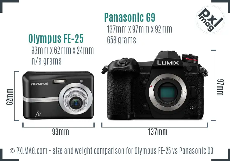 Olympus FE-25 vs Panasonic G9 size comparison