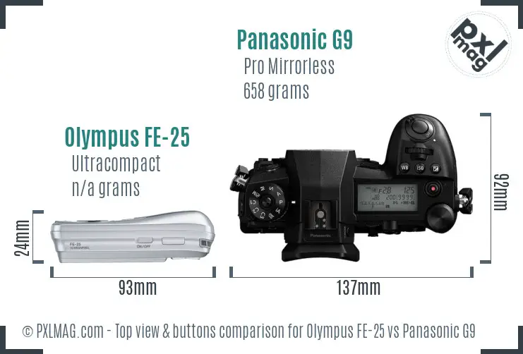 Olympus FE-25 vs Panasonic G9 top view buttons comparison