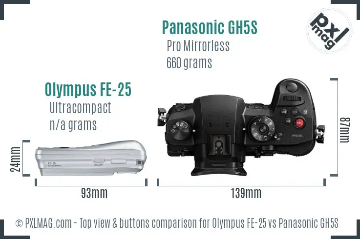 Olympus FE-25 vs Panasonic GH5S top view buttons comparison