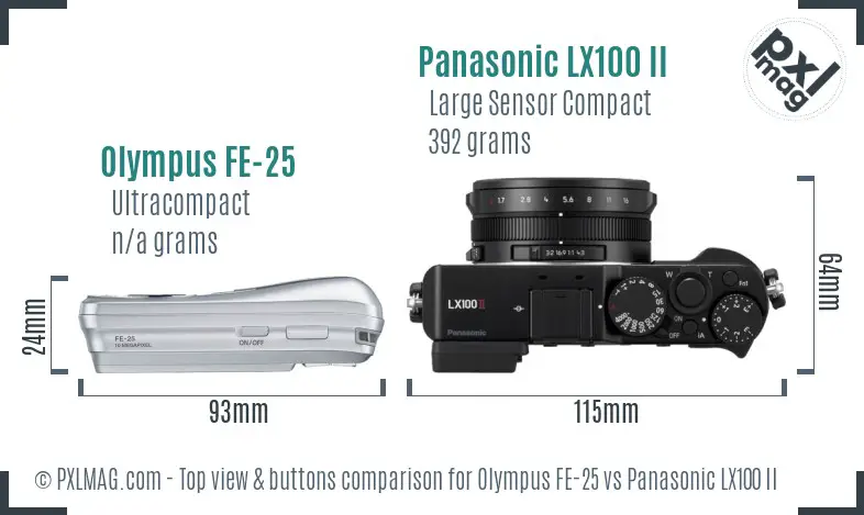 Olympus FE-25 vs Panasonic LX100 II top view buttons comparison