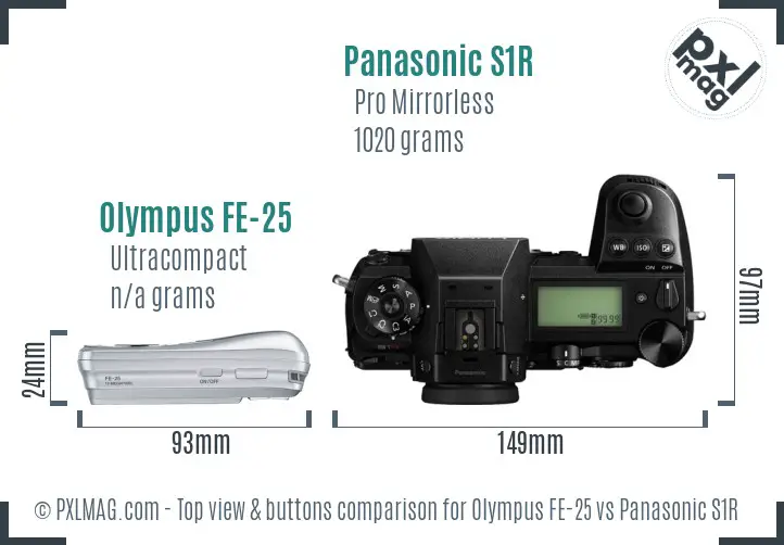 Olympus FE-25 vs Panasonic S1R top view buttons comparison