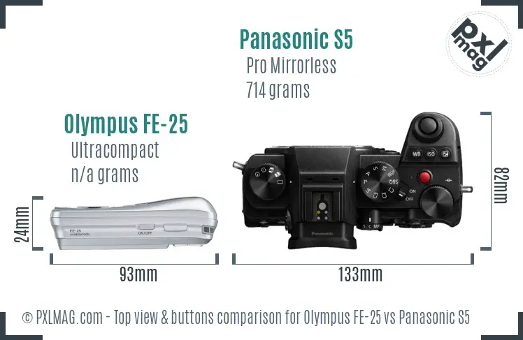 Olympus FE-25 vs Panasonic S5 top view buttons comparison