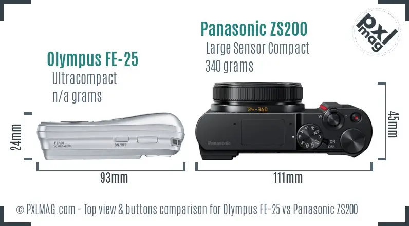 Olympus FE-25 vs Panasonic ZS200 top view buttons comparison