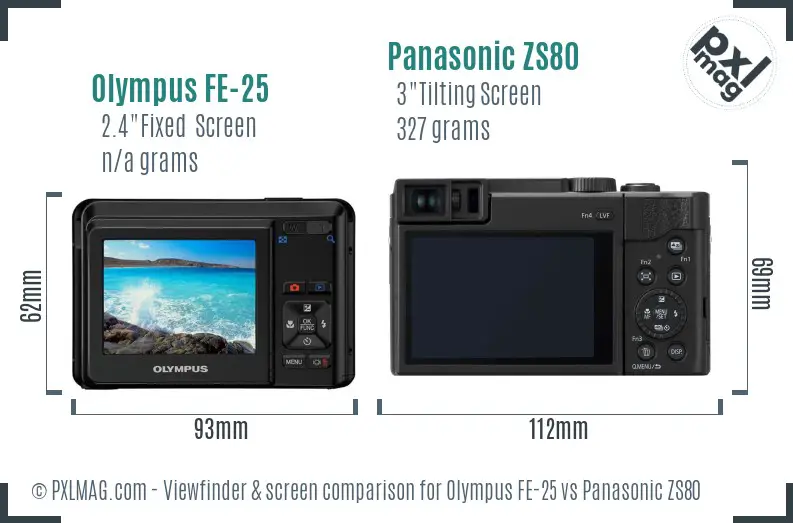Olympus FE-25 vs Panasonic ZS80 Screen and Viewfinder comparison