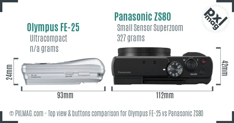 Olympus FE-25 vs Panasonic ZS80 top view buttons comparison