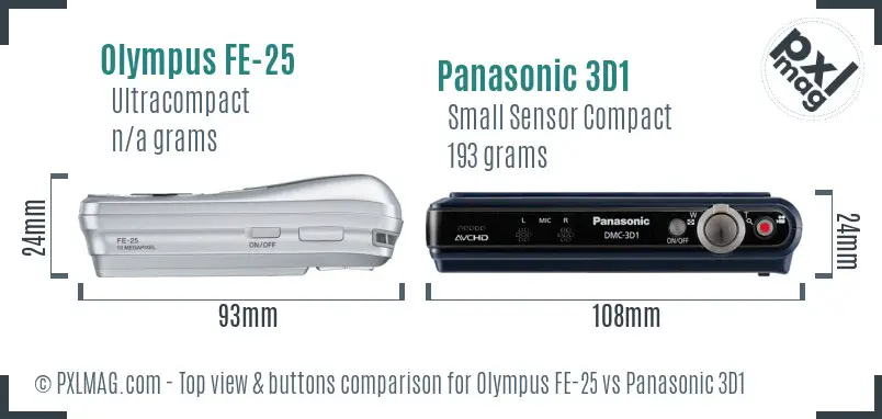 Olympus FE-25 vs Panasonic 3D1 top view buttons comparison