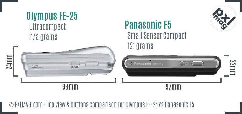 Olympus FE-25 vs Panasonic F5 top view buttons comparison