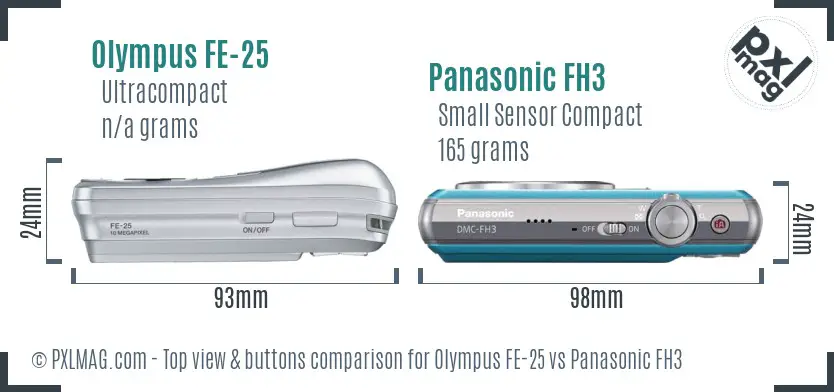 Olympus FE-25 vs Panasonic FH3 top view buttons comparison