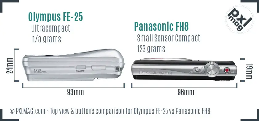 Olympus FE-25 vs Panasonic FH8 top view buttons comparison