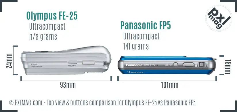 Olympus FE-25 vs Panasonic FP5 top view buttons comparison