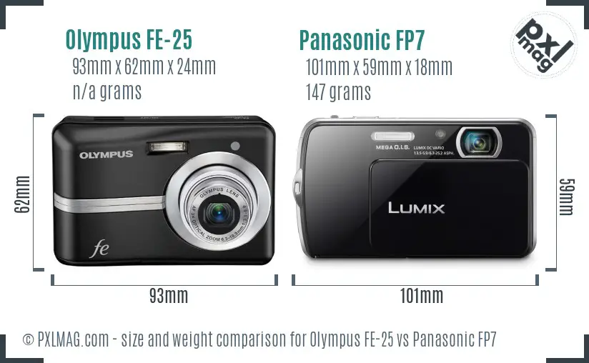 Olympus FE-25 vs Panasonic FP7 size comparison