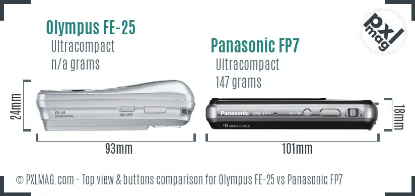 Olympus FE-25 vs Panasonic FP7 top view buttons comparison