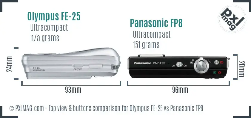Olympus FE-25 vs Panasonic FP8 top view buttons comparison